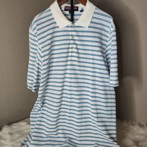 Vineyard Vines Performance Polo Mens Medium White Blue Stripe Golf Logo Stretch‎